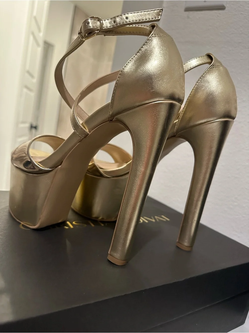 Gold Platform High-Heel Sandals with Ankle Strap